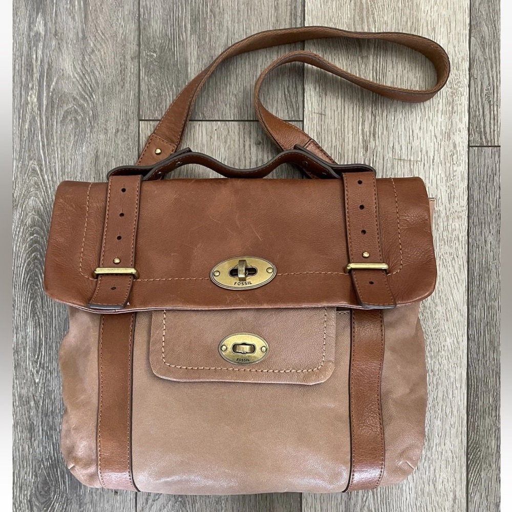 Vtg Fossil Two Tone Brown Leather Turn Lock Messenger Laptop Saddle Shoulder Bag